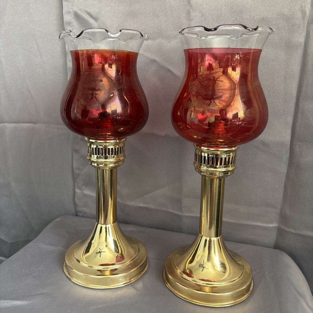 Mason Brass Candle Light With Red Globe Glass Shade. Vtg 11 inch set of 2